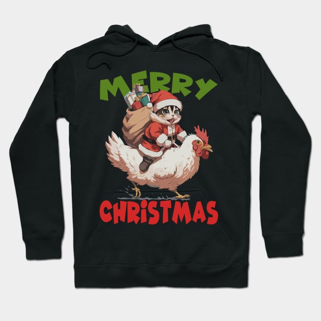 Merry Christmas - 2, Funny Cute Cat on a Chicken Hoodie by Megadorim